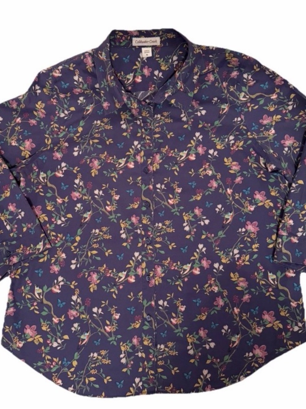 Coldwater Creek 3/4 Sleeve Button Front Collared Botanic Floral Shirt Sz 16 Bird